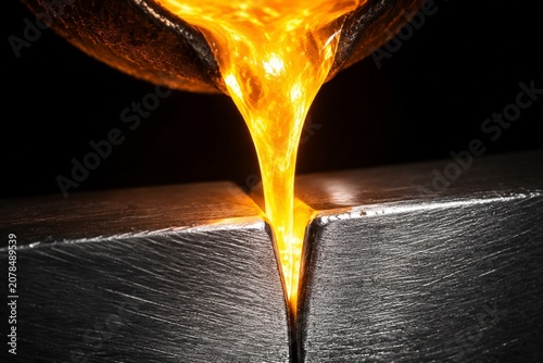 A molten golden stream flowing into a gap between silver metal.