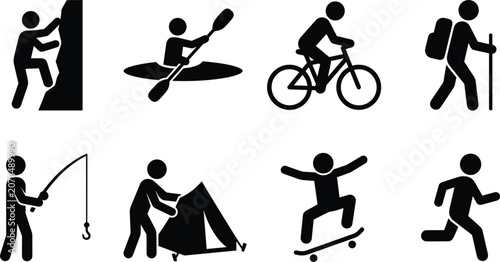 Outdoor adventure and extreme sports stick figure icons set featuring rock climbing kayaking cycling and camping