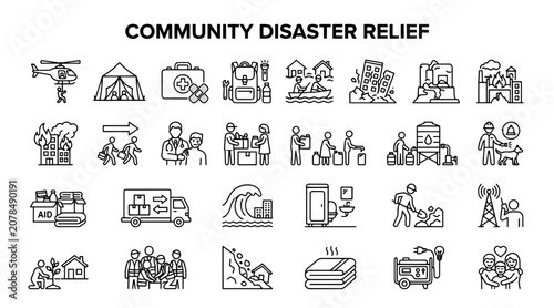 Schilderij op canvas A collection of line art icons illustrating various aspects of community disaster relief efforts and support