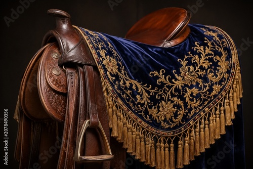 Embroidered velvet horse blanket with gold tassels over leather saddle.