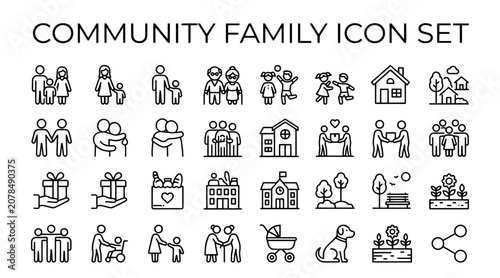 Photos A collection of simple line art icons depicting families, community buildings, and social interactions