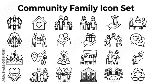 Fotografia A collection of line art icons representing family, community, support, and togetherness in various life scenarios
