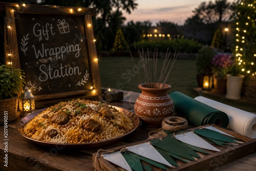 pakistani. Pakistan Independence Day outdoor celebration with biryani plate, green and white bunting and sparklers in clay pot, event programs.