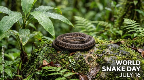 Dark glossy snake coiled on mossy stone in tropical rainforest for world snake day banner design layout
