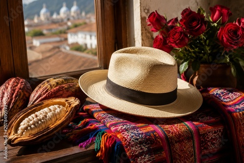 Panama hat on Andean textile with cocoa pods and roses, Ecuadorian cultural still life.