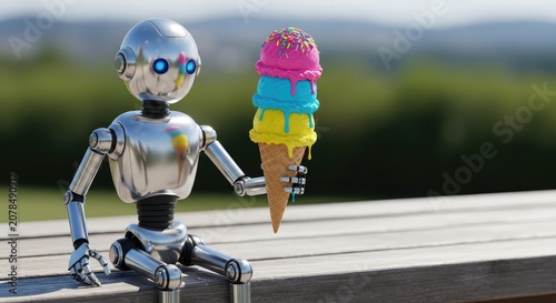 A metallic silver robot sits on a wooden bench holding a vibrant triple scoop ice cream cone with sprinkles under a bright summer sun, ice cream, outdoors, machine