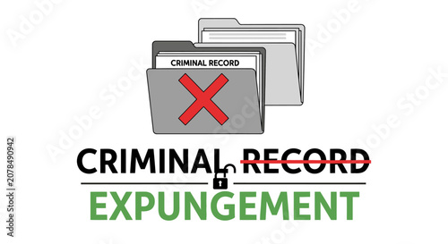 A concept illustration of criminal record expungement, featuring a folder with a cross mark and an unlocked padlock, symbolizing legal record clearing.