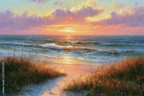 Coastal sunset with breaking waves and sandy dunes on a tropical beach shore in golden hour lighting for travel marketing and editorial publishing