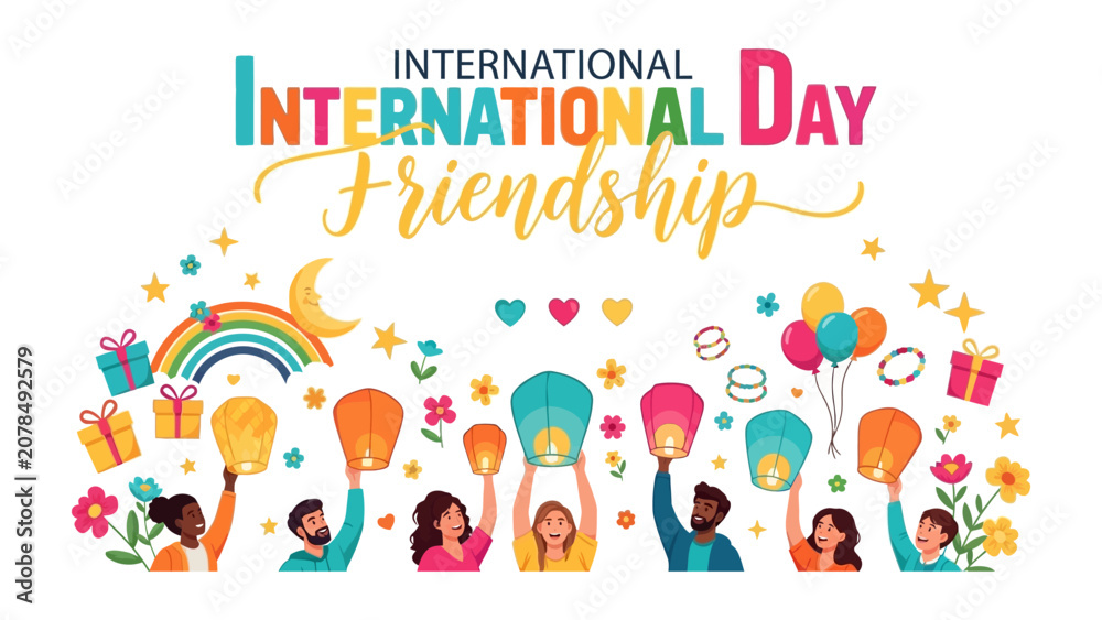 Fototapeta premium Celebration of International Friendship Day: A vibrant illustration depicting diverse people celebrating International Friendship Day.