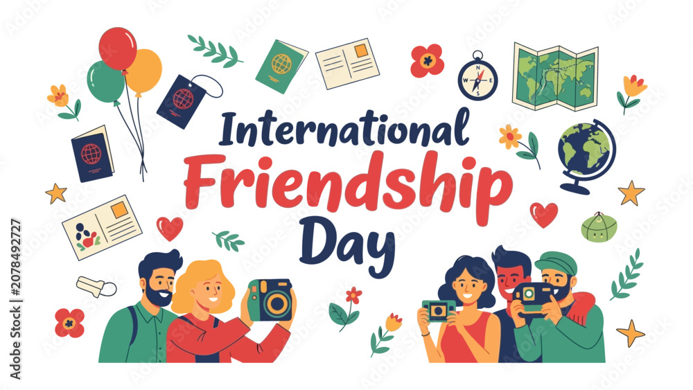 Fototapeta premium Happy International Friendship Day: A vibrant illustration celebrating International Friendship Day with diverse groups of people taking photos and traveling.
