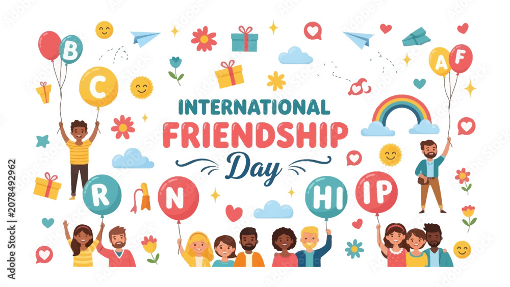 Naklejka premium International Friendship Day Celebration: A vibrant illustration depicting diverse groups of people celebrating International Friendship Day with balloons, gifts, and joyful expressions.