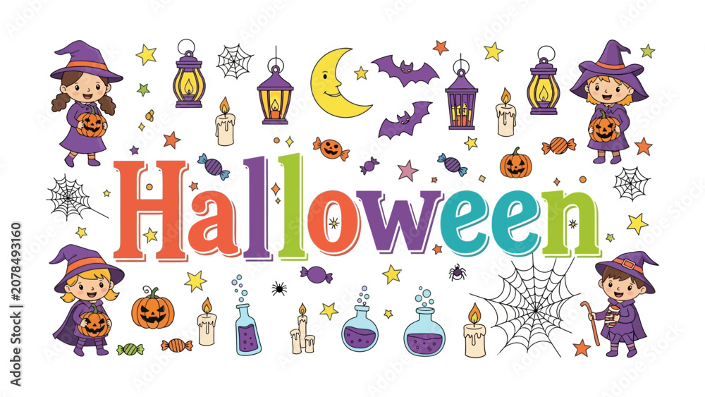 Fototapeta premium Halloween Celebration Collage: A vibrant and playful collection of Halloween-themed illustrations featuring witches, pumpkins, bats, spiders, and festive words.