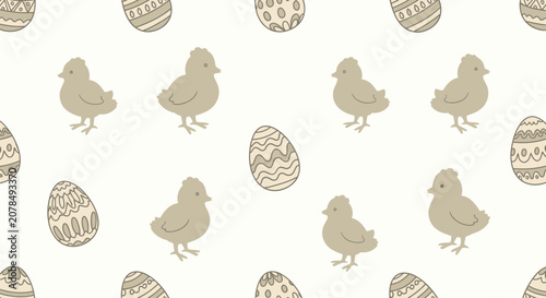 Easter themed pattern with decorative eggs and baby chicks on a white background