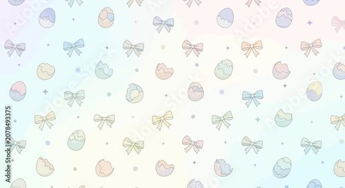 Easter themed pattern with eggs and bows on a colorful gradient background