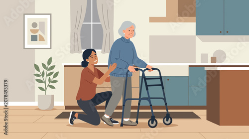 Elderly woman with walker assisted by caregiver in home setting