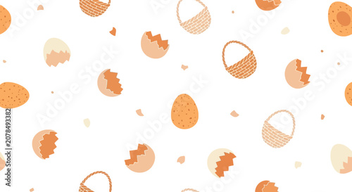 Easter themed pattern with eggs baskets and broken eggshells on white background