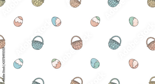 Easter themed pattern with hand drawn eggs and woven baskets on a white background