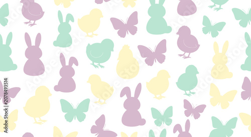 Easter themed pattern with rabbits chicks and butterflies in pastel colors