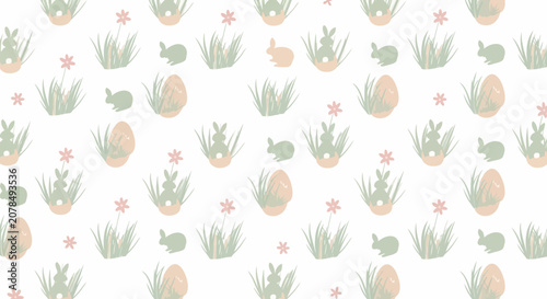 Easter themed pattern with rabbits eggs grass and flowers on a white background