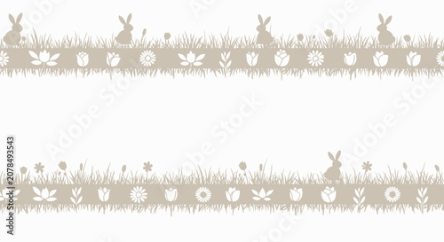 Easter themed pattern with rabbits flowers and grass elements on white background
