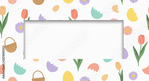 Easter themed pattern with tulips eggs and baskets perfect for design projects