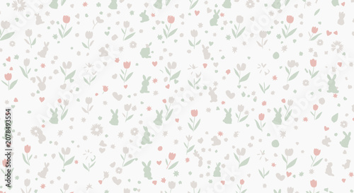 Easter themed pattern with rabbits flowers hearts and dots on a white background