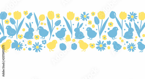 Easter themed pattern with tulips chicks bunnies and flowers on white background