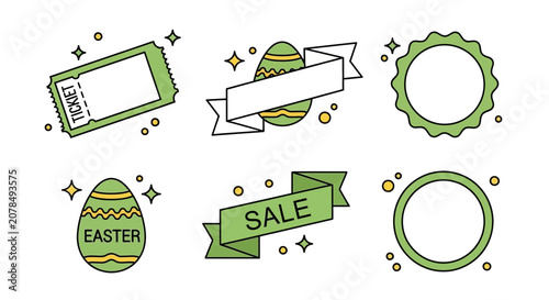 Easter themed vector elements with eggs ticket banner and star accents