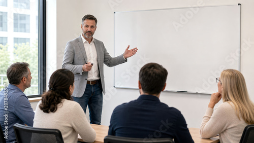 Professor Teaching Adult Business Class With Blank Whiteboard