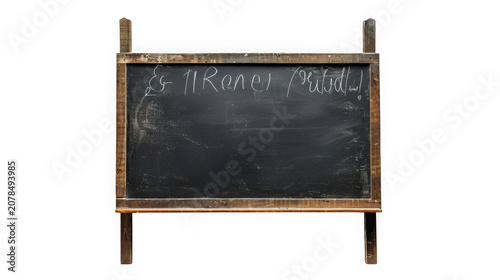 Blackboard with a rustic wooden frame stands upright against a plain white background for educational or business announcements.