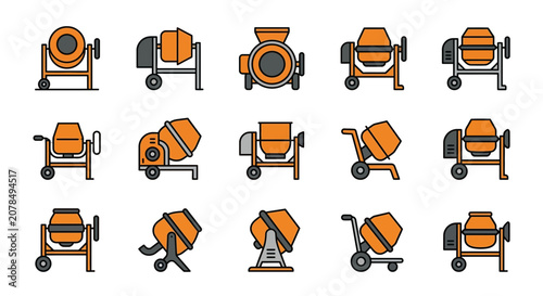 Concrete Mixer Icons Set: Construction Equipment Collection for Building Industry