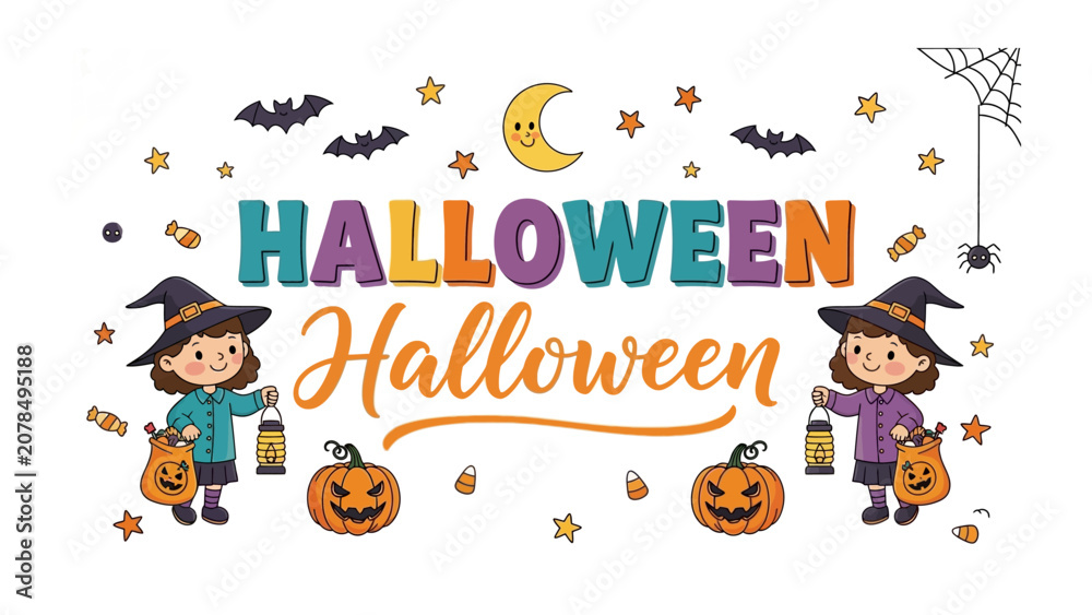 Fototapeta premium Whimsical Halloween Celebration: A charming illustration depicts a festive Halloween scene with playful pumpkins, cute witches, flying bats, and a smiling crescent moon.