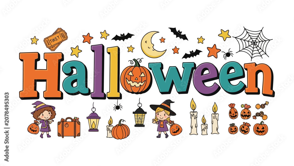 Fototapeta premium Halloween Word Art: A festive collection of colorful letters spelling Halloween, adorned with classic holiday motifs like pumpkins, bats, witches, and spiders, evoking a playful and spooky atmosphere.