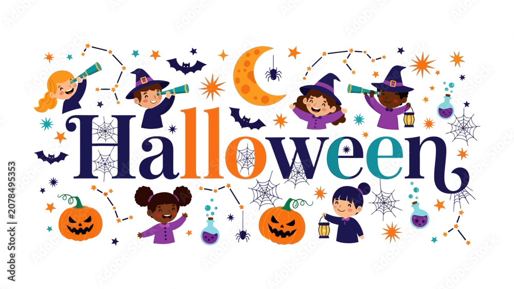 Fototapeta premium Happy Halloween Festive Design: A vibrant and playful illustration celebrating Halloween with cheerful children, pumpkins, spooky elements, and the word Halloween in decorative typography.