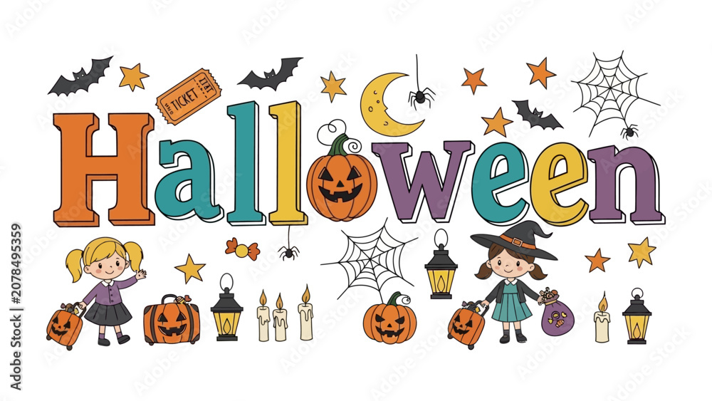 Fototapeta premium Spooky Halloween Celebration: A festive illustration depicting the word Halloween surrounded by various iconic elements like pumpkins, witches, bats, spiders, and trick-or-treat bags.