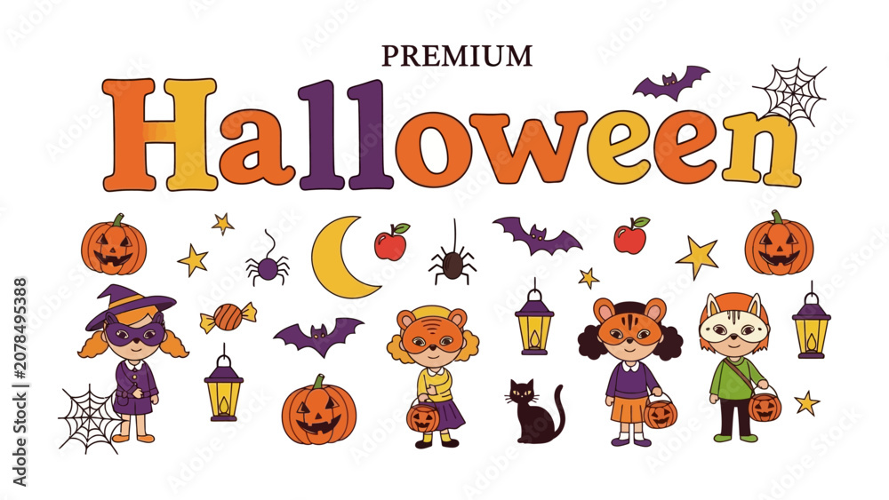 Fototapeta premium Happy Halloween Collection: A vibrant and whimsical collection of Halloween-themed illustrations featuring costumed children, playful pumpkins, spooky spiders, bats, and other festive elements.
