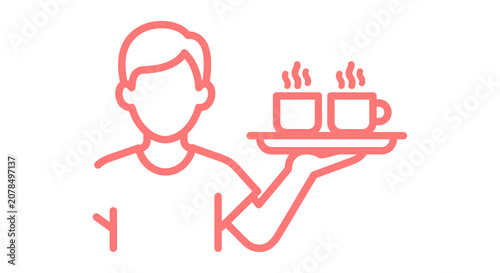 Waiter carrying tray with hot coffee cups illustration.