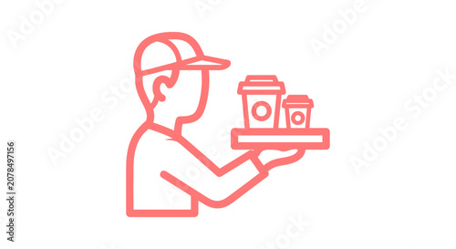 Delivery person carrying coffee cups on tray.