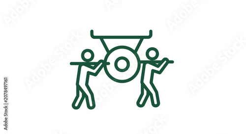 Two people pushing a large wheel together.