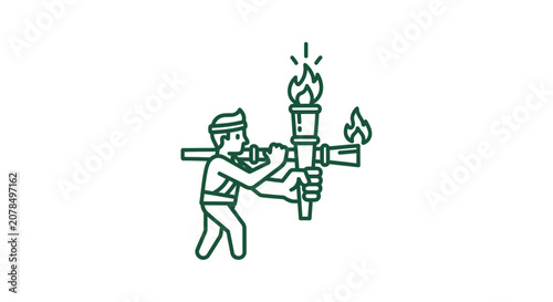 Illustration of person carrying flaming torch on shoulder.
