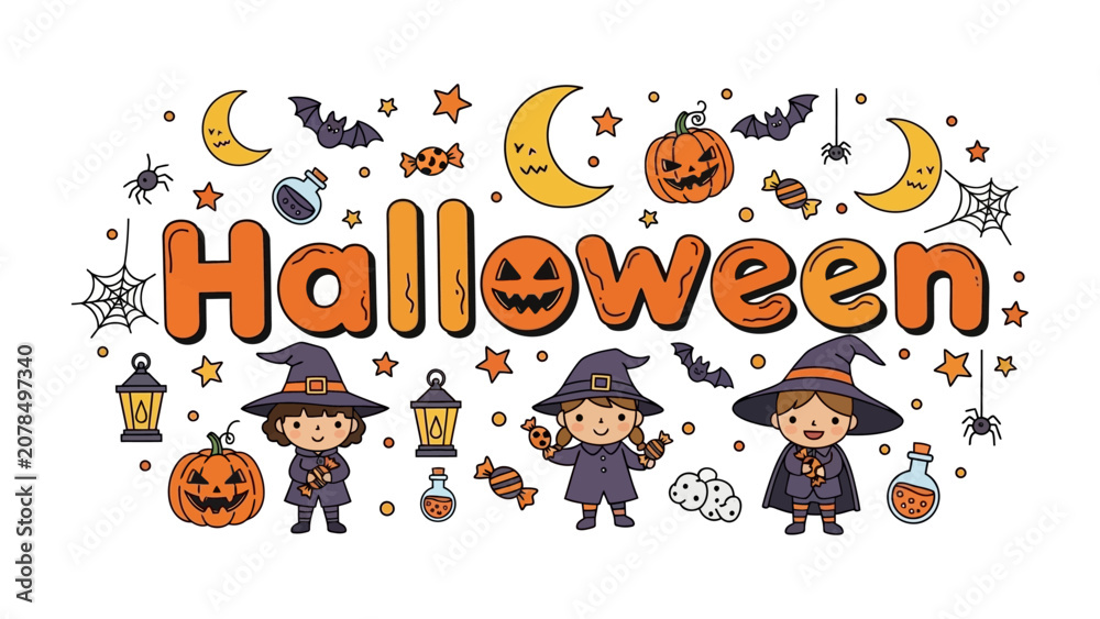 Fototapeta premium Halloween Celebration: A whimsical illustration depicts a cheerful Halloween scene with cute witches, pumpkins, bats, and crescent moons, celebrating the spirit of the spooky holiday.