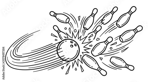 Foto Dynamic bowling strike line art vector illustration, isolated on white
