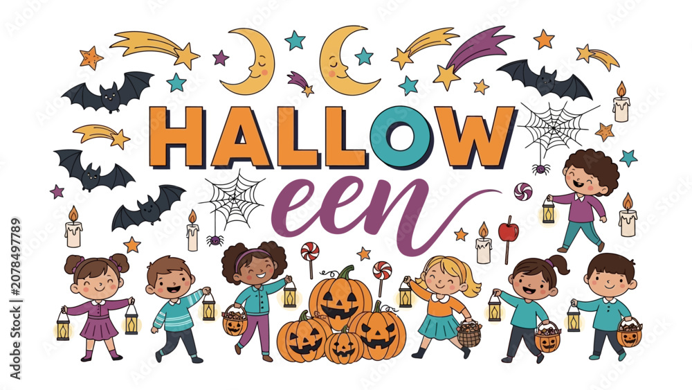 Fototapeta premium Happy Halloween Scene: A cheerful illustration of children celebrating Halloween, surrounded by pumpkins, bats, and festive decorations. This scene captures the fun and excitement of the holiday.