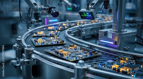 Advanced Technology Assembly Line with Electronic Circuits on Conveyor Belt in High-Tech Manufacturing Facility