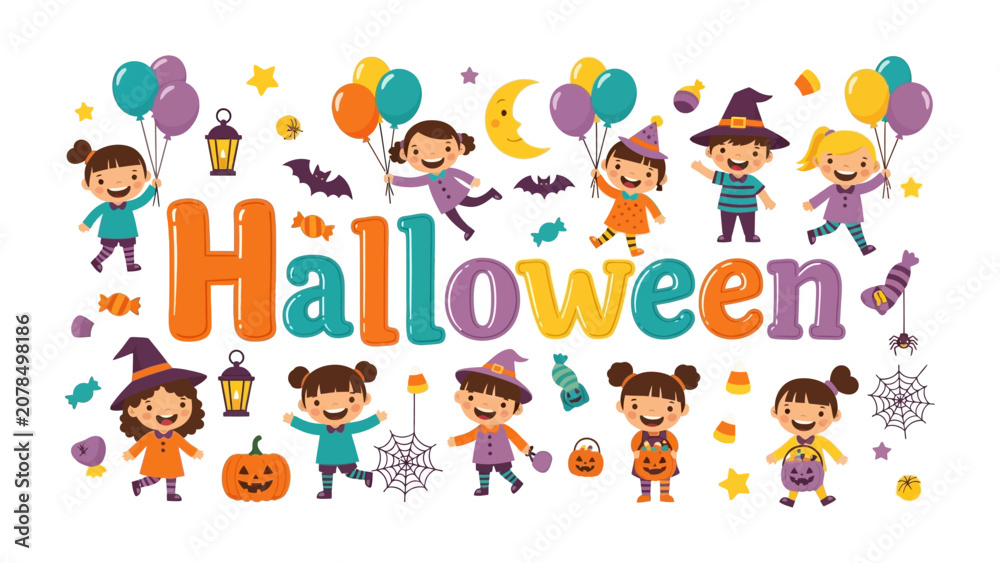 Fototapeta premium Happy Halloween: A vibrant and playful illustration depicting children dressed in costumes, surrounded by pumpkins, balloons, and festive decorations.