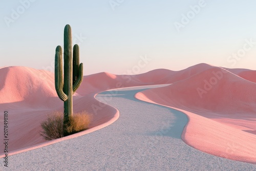 Curving desert highway traversing pastel pink dunes past a towering saguaro cactus in minimalist photography for fashion and editorial design