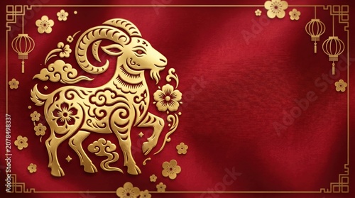 Elegant Golden Ram Symbol on Red Background with Floral Elements for Lunar New Year Celebration and Asian Cultural Festivals