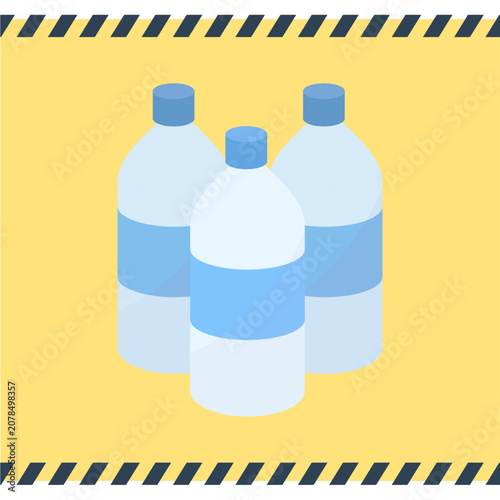 保存水のイラスト。3本のペットボトル飲料水のフラットデザインアイコン。Disaster prevention water illustration. Three plastic bottles icon.