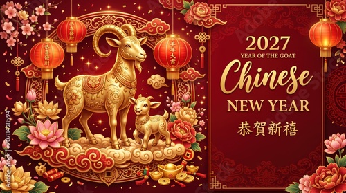 Celebratory Festive Artwork for the 2027 Year of the Goat Featuring Golden Ram and Lamb Surrounded by Floral Decor and Lanterns