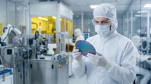 Scientist Inspecting Semiconductor Wafer in Cleanroom Laboratory Environment for Microelectronics Research and Development